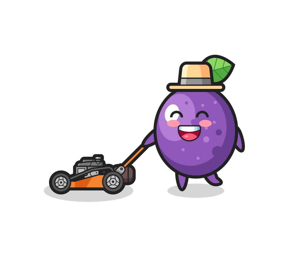 Ilustración del personaje de la fruta de la pasión con cortadora de césped vector