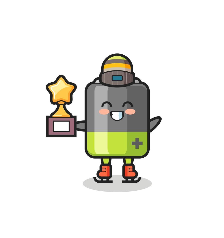 battery cartoon as an ice skating player hold winner trophy vector