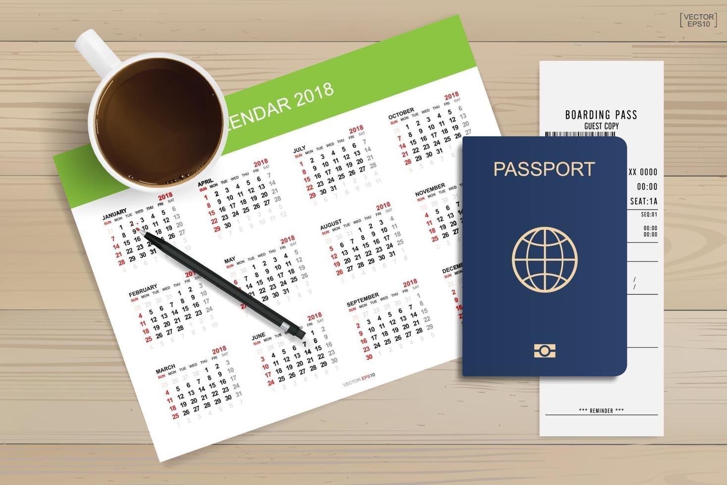 Fondo de calendario abstracto con pasaporte y taza de café. vector. vector