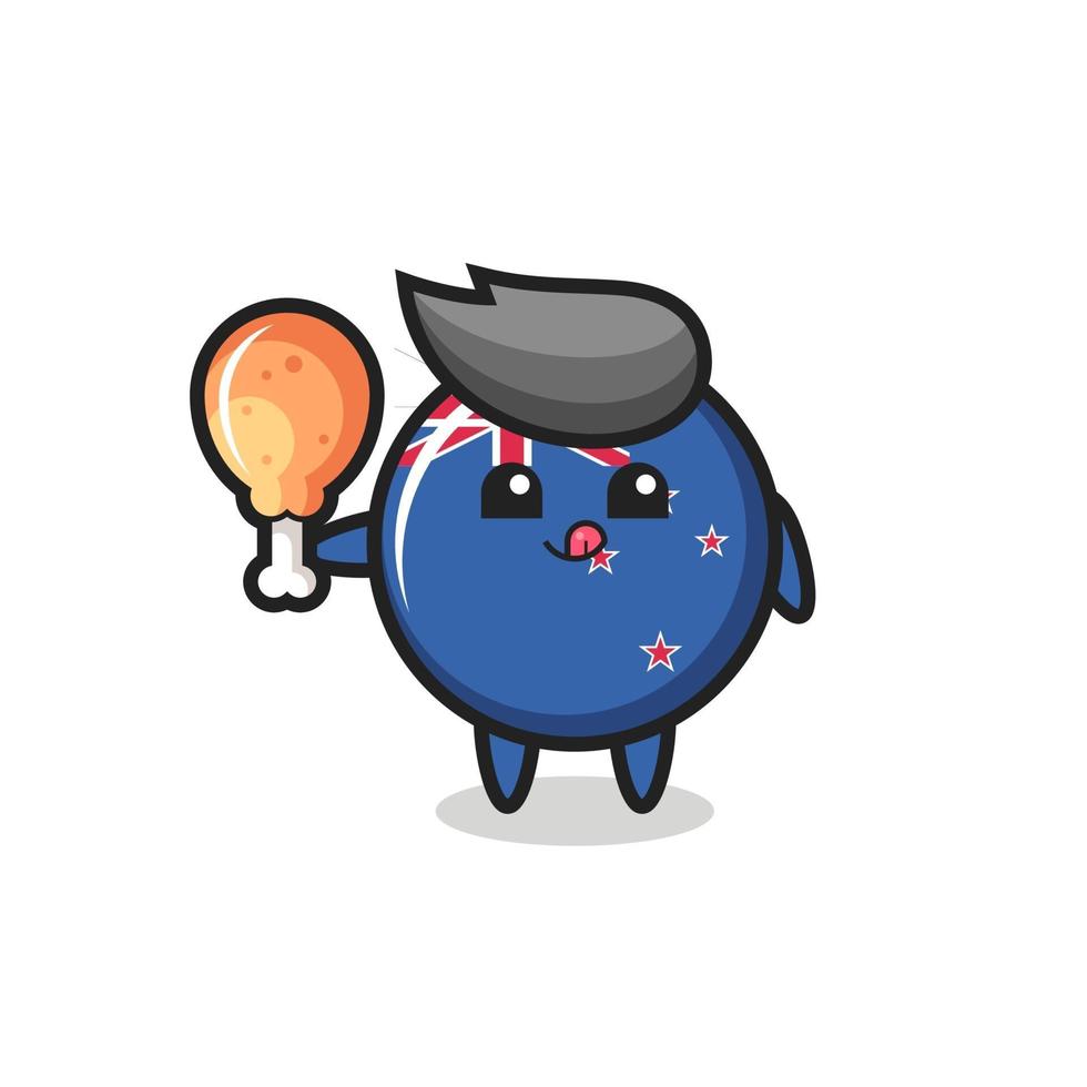 new zealand flag badge cute mascot is eating a fried chicken vector