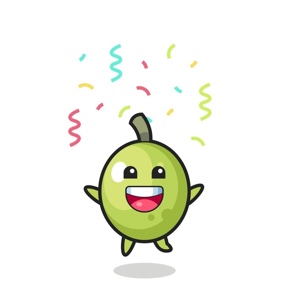 Feliz mascota verde oliva saltando de felicitación con confeti de colores vector