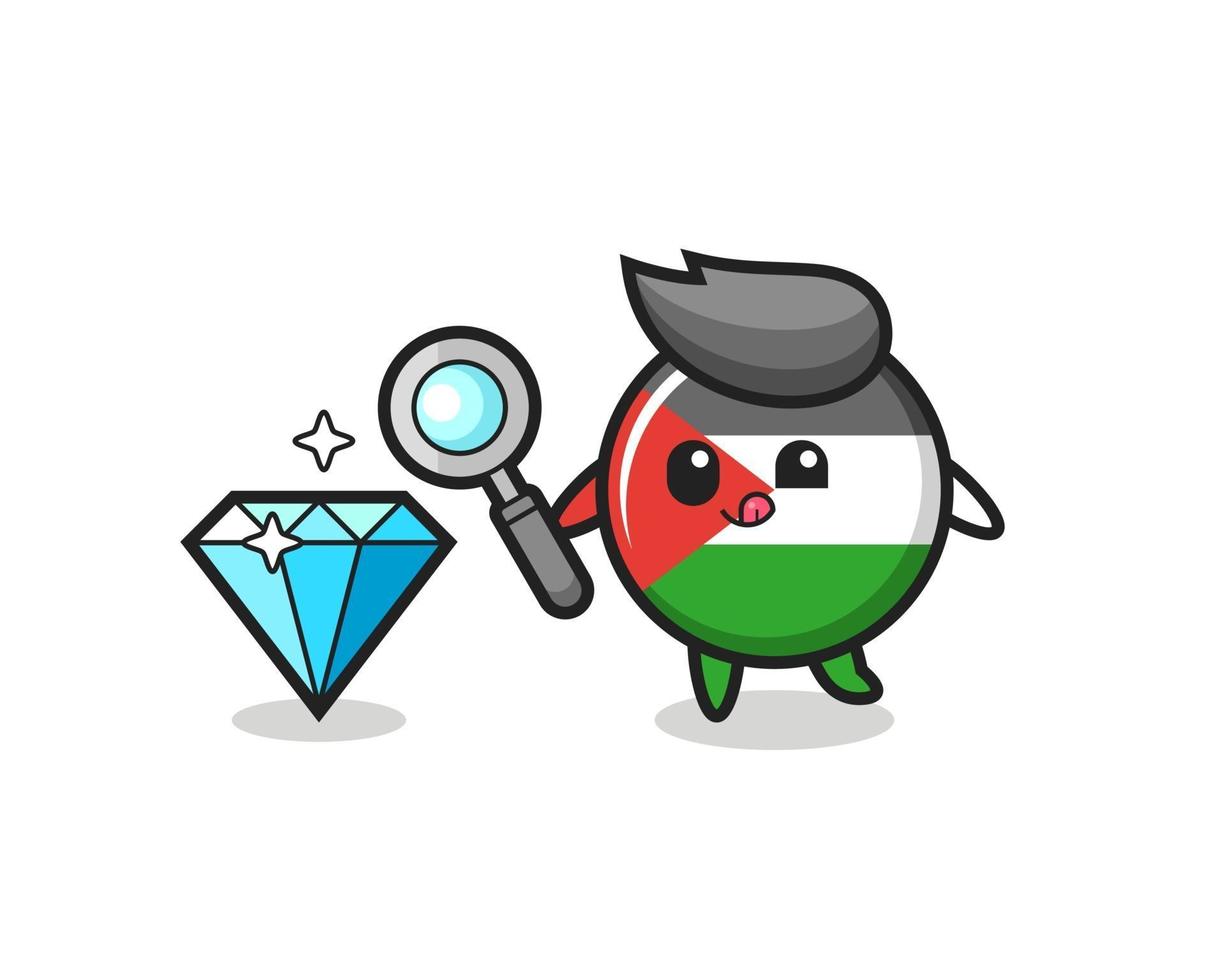 palestine flag badge mascot is checking the authenticity of a diamond vector