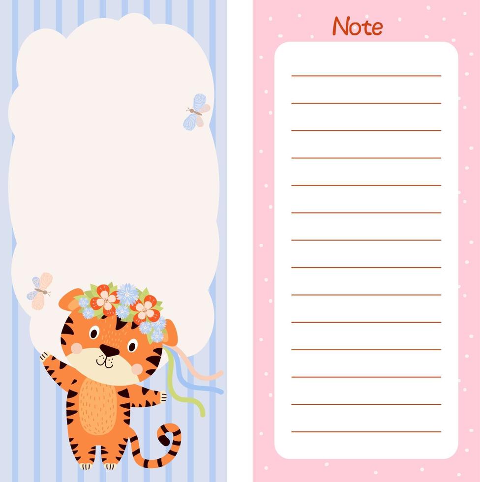 conjunto de planificador semanal o diario, papel de notas, lista de tareas con un tigre lindo vector