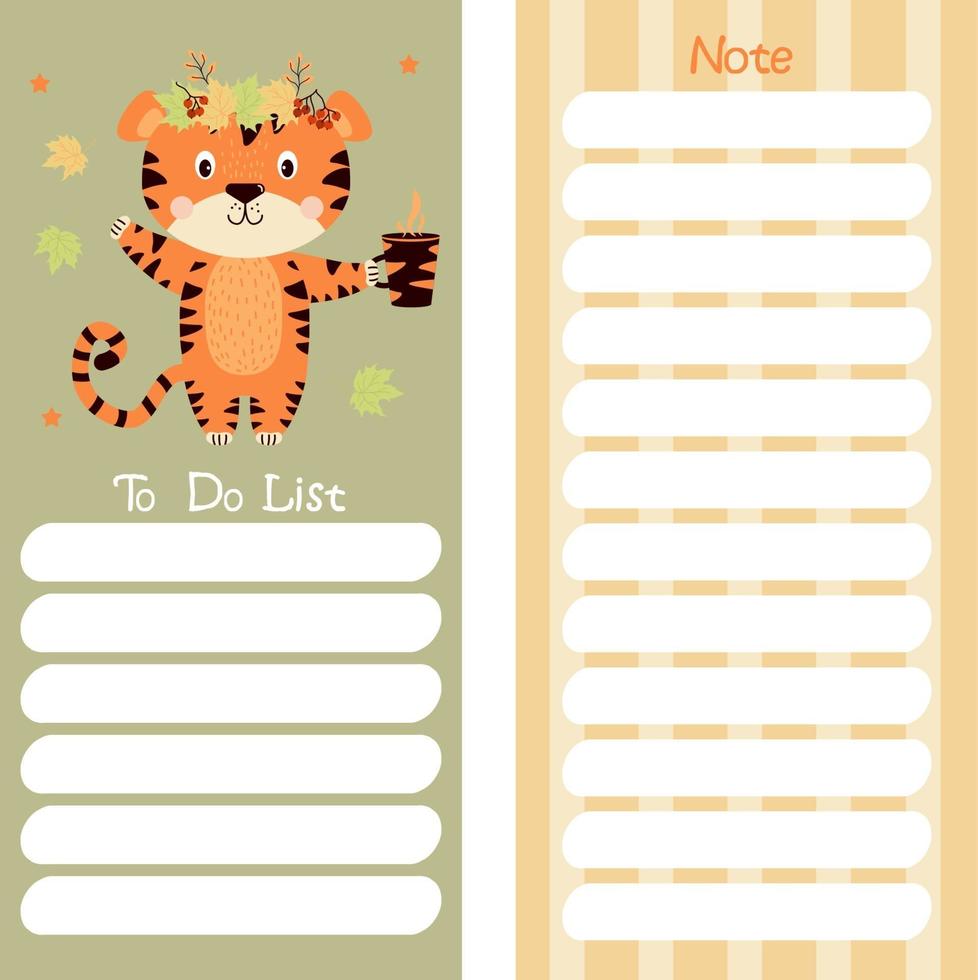 planner, note paper, to-do list, decorated with cute autumn tiger vector
