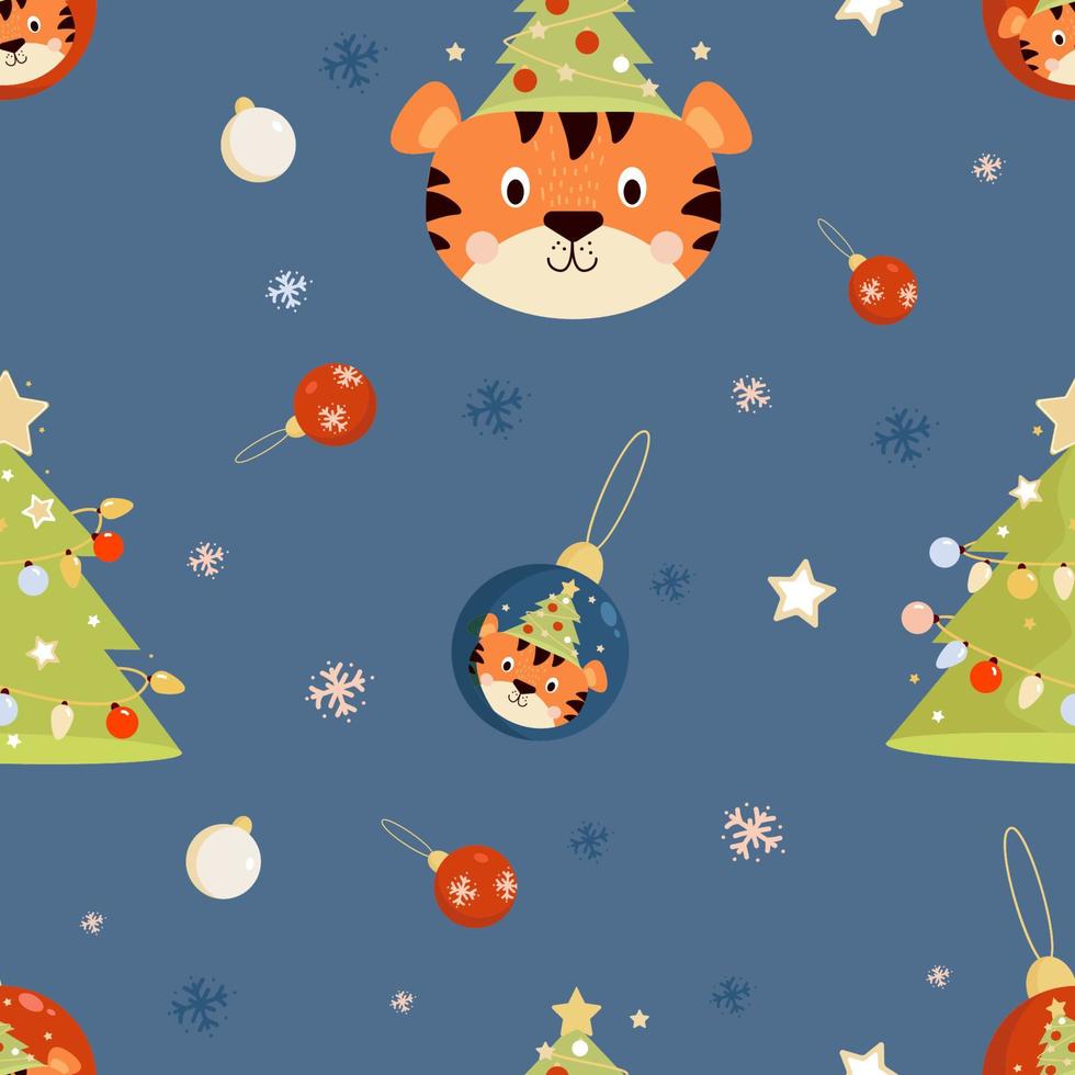 New Year Seamless Pattern with Tiger and Christmas Tree vector