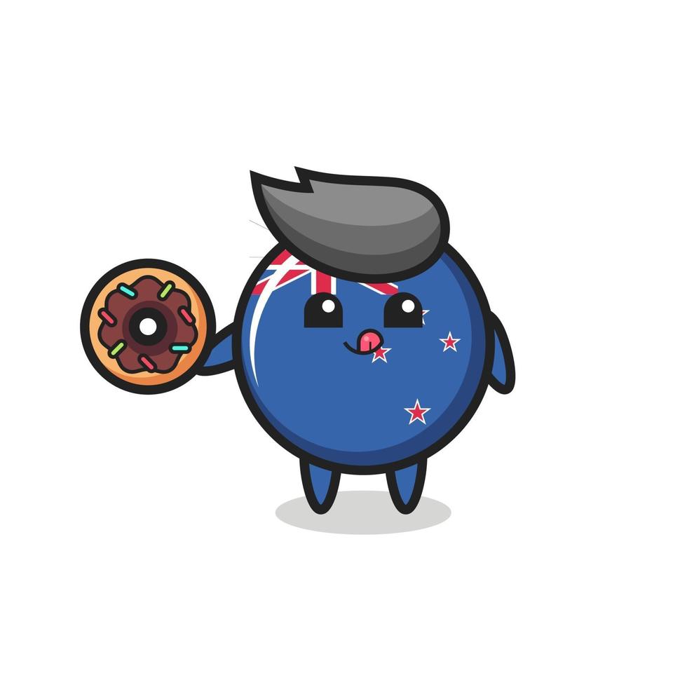 illustration of an new zealand flag badge character eating a doughnut vector
