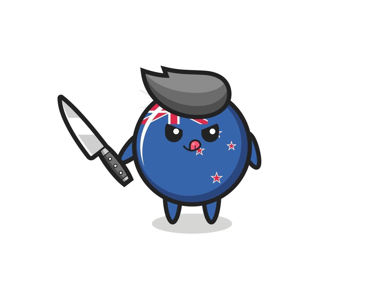 cute new zealand flag badge mascot as a psychopath holding a knife vector