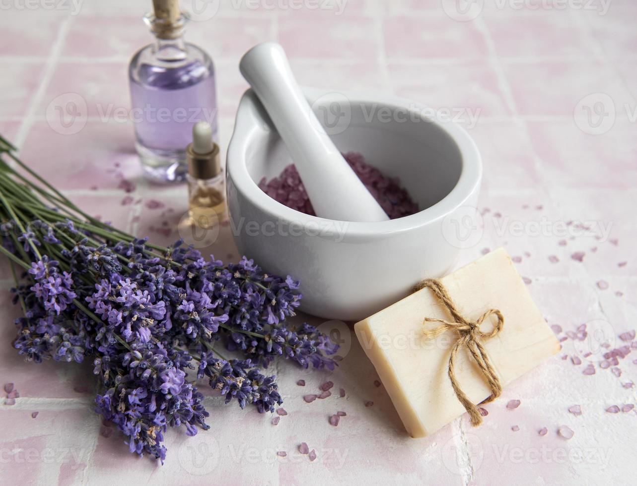 Natural herb cosmetic with lavender flowers photo