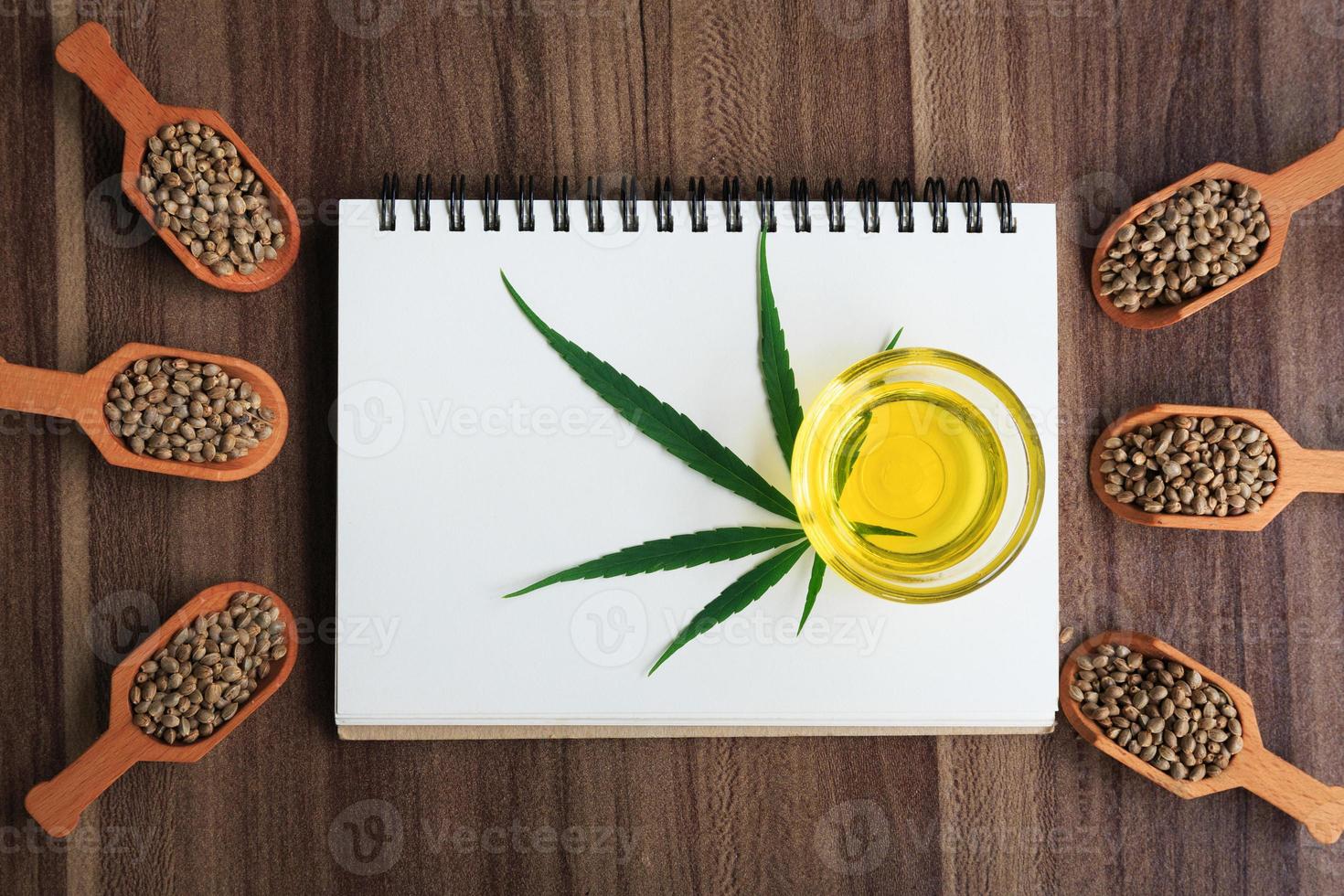 Cannabis oil and a spoon with seeds framed. photo