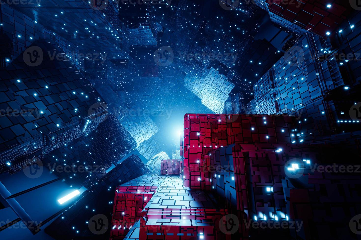 Sci-fi futuristic techno neon cube lights design. Abstract 3d Render photo