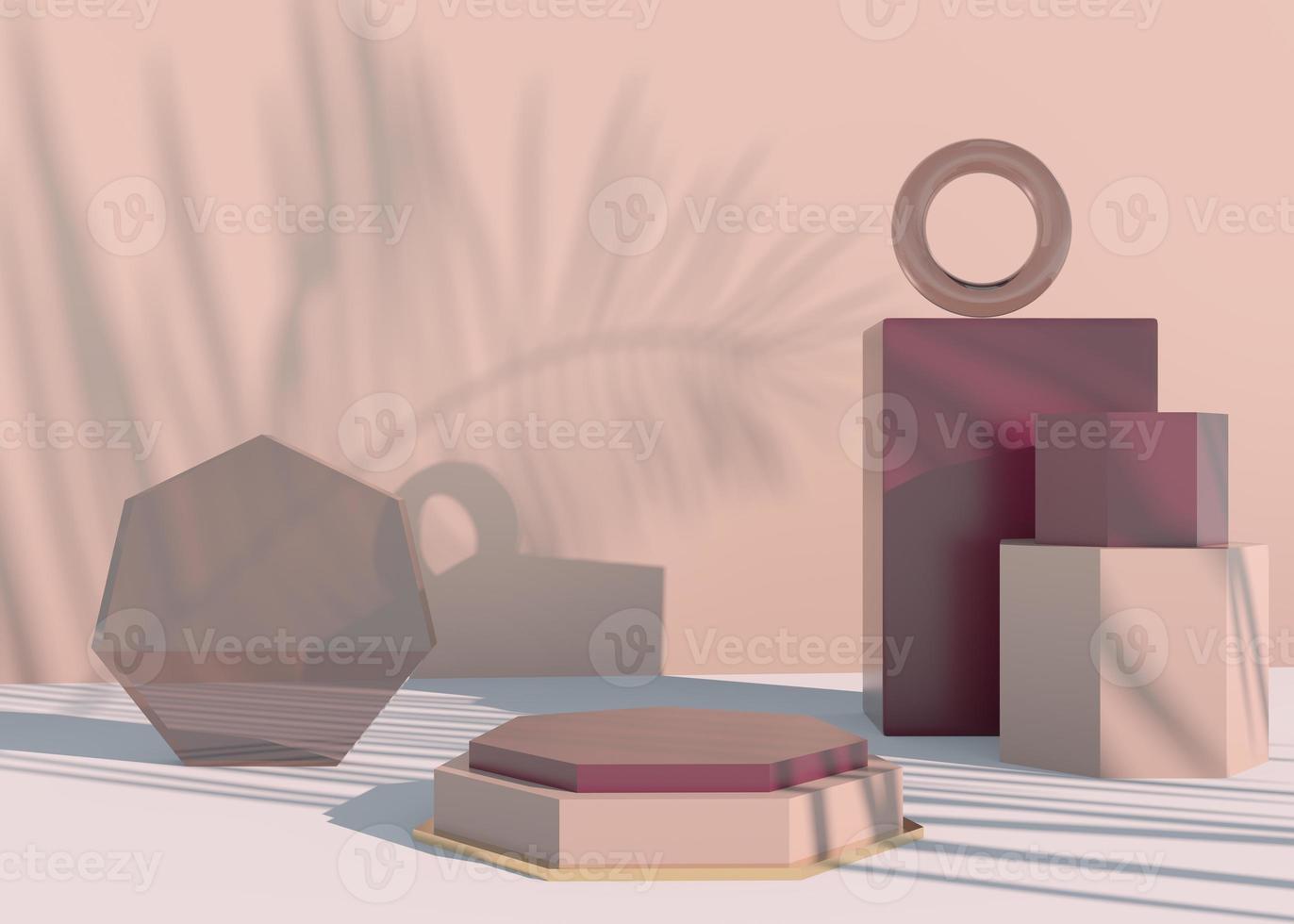 Podium with palm leaves shadows for cosmetic product presentation. Empty showcase pedestal backdrop mock up. 3d render. photo