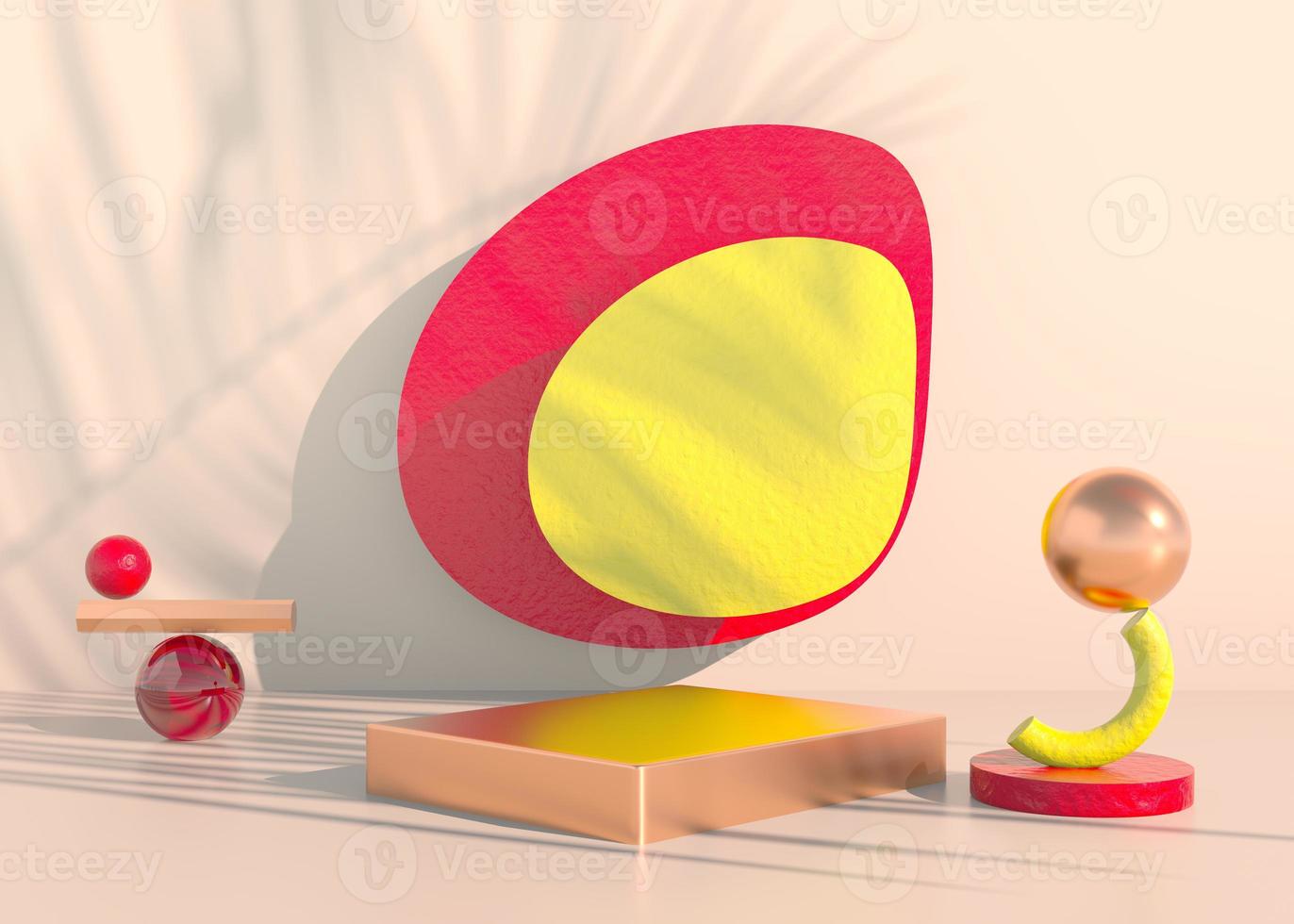 Podio con sombras de hojas de palma para presentación de productos cosméticos. maqueta de fondo de pedestal de escaparate vacío. Render 3D. foto