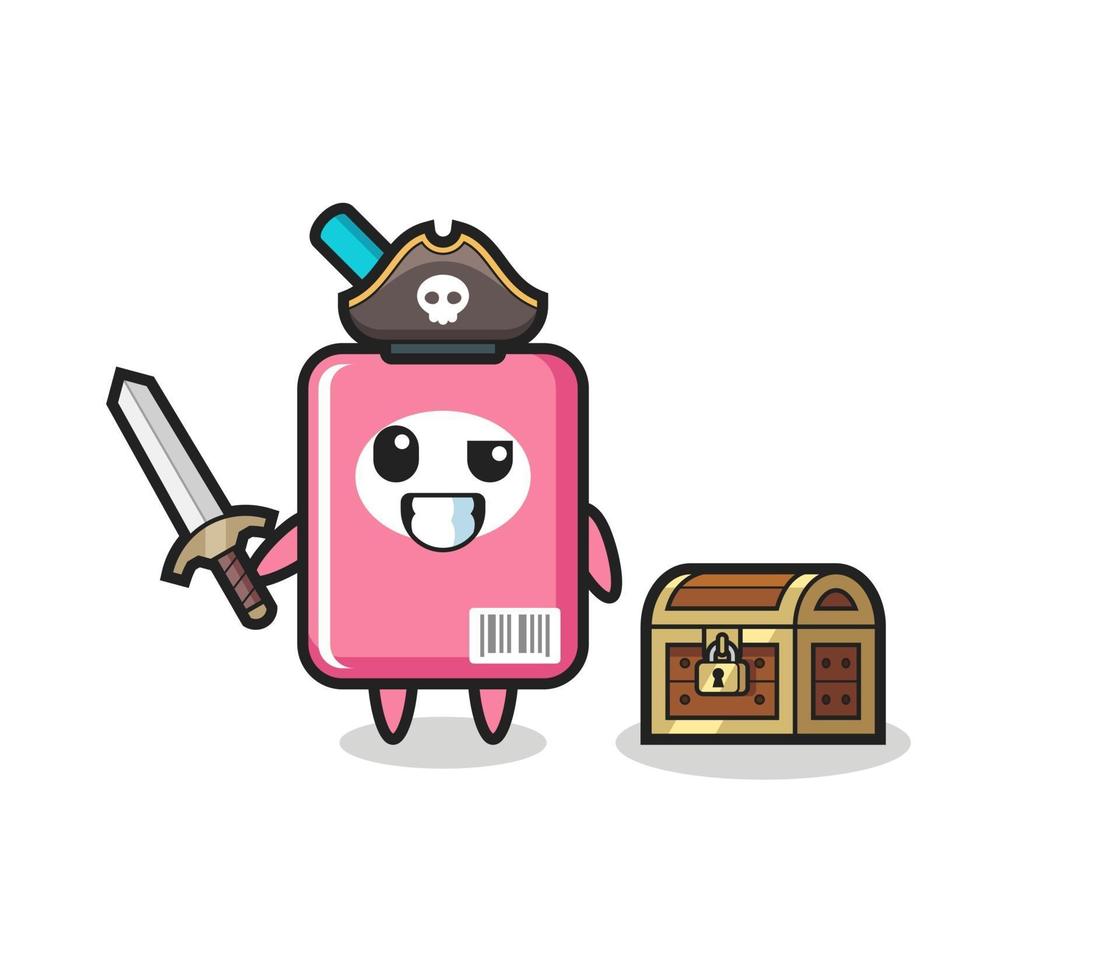the milk box pirate character holding sword beside a treasure box vector