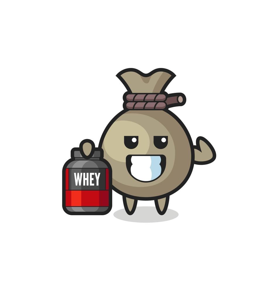 the muscular money sack character is holding a protein supplement vector