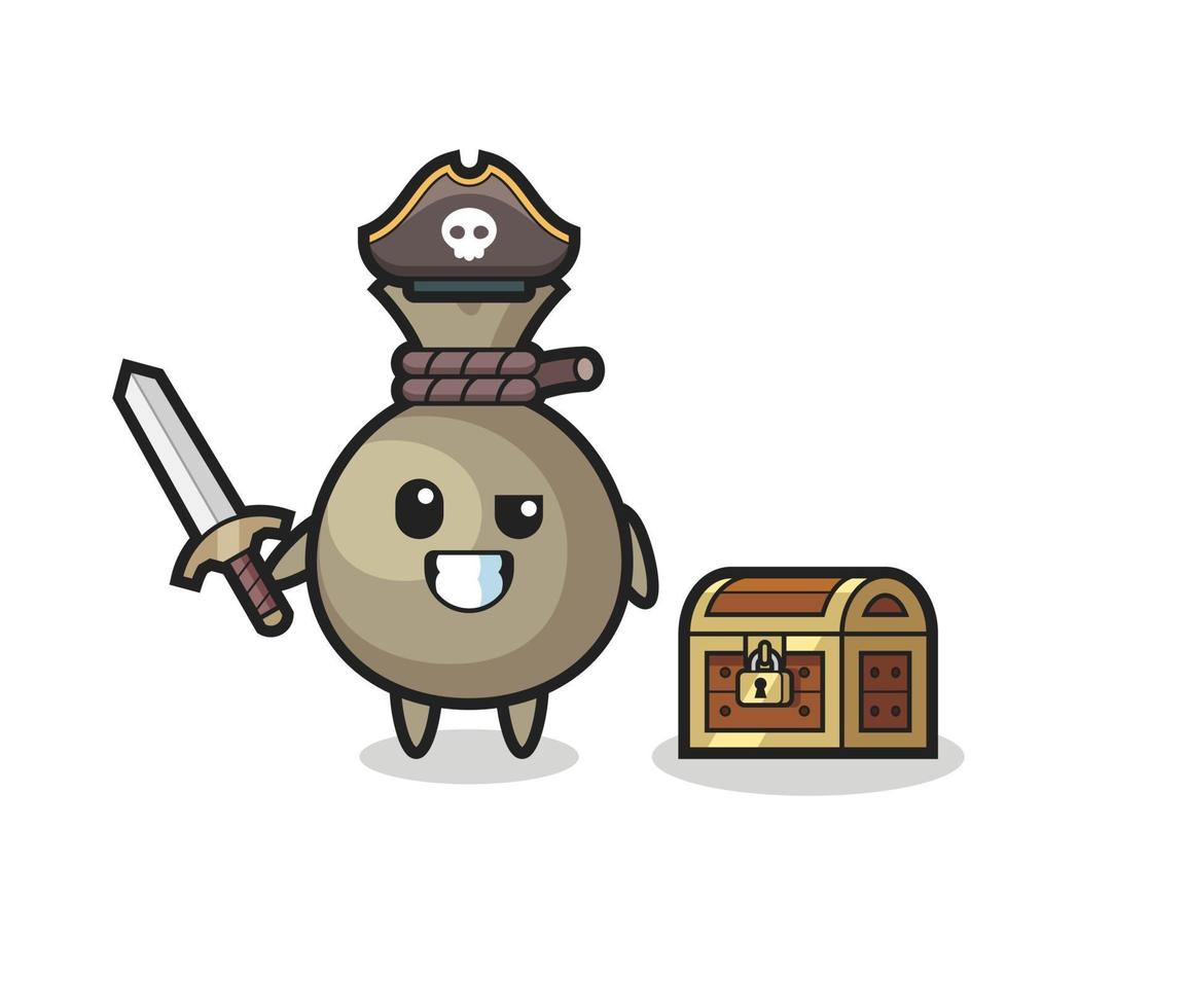 the money sack pirate character holding sword beside a treasure box vector