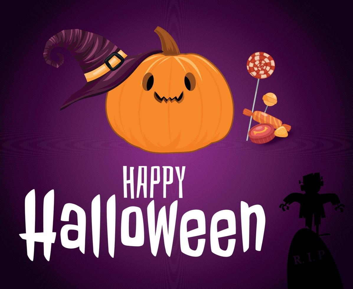 Halloween Background Vector Pumpkin Trick Or Treat Candy and Tomb