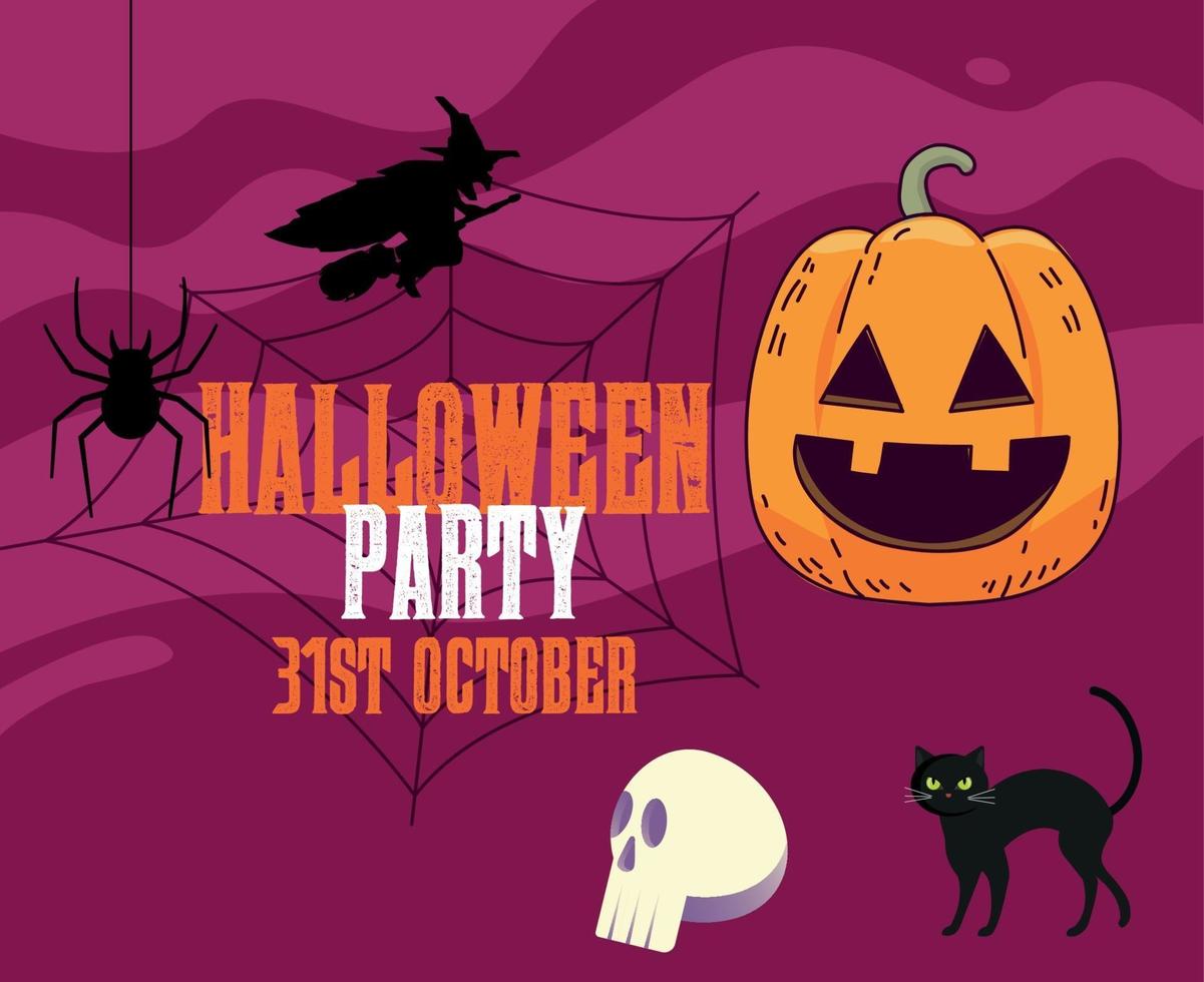 Happy Halloween 31 October Background Pumpkin Cat and Spider Vector