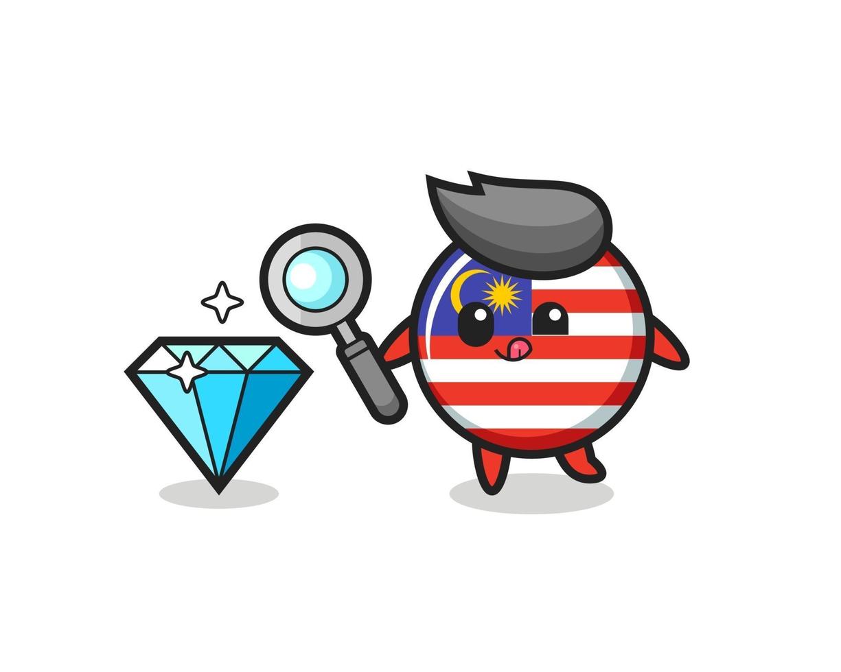 malaysia flag badge mascot is checking the authenticity of a diamond vector
