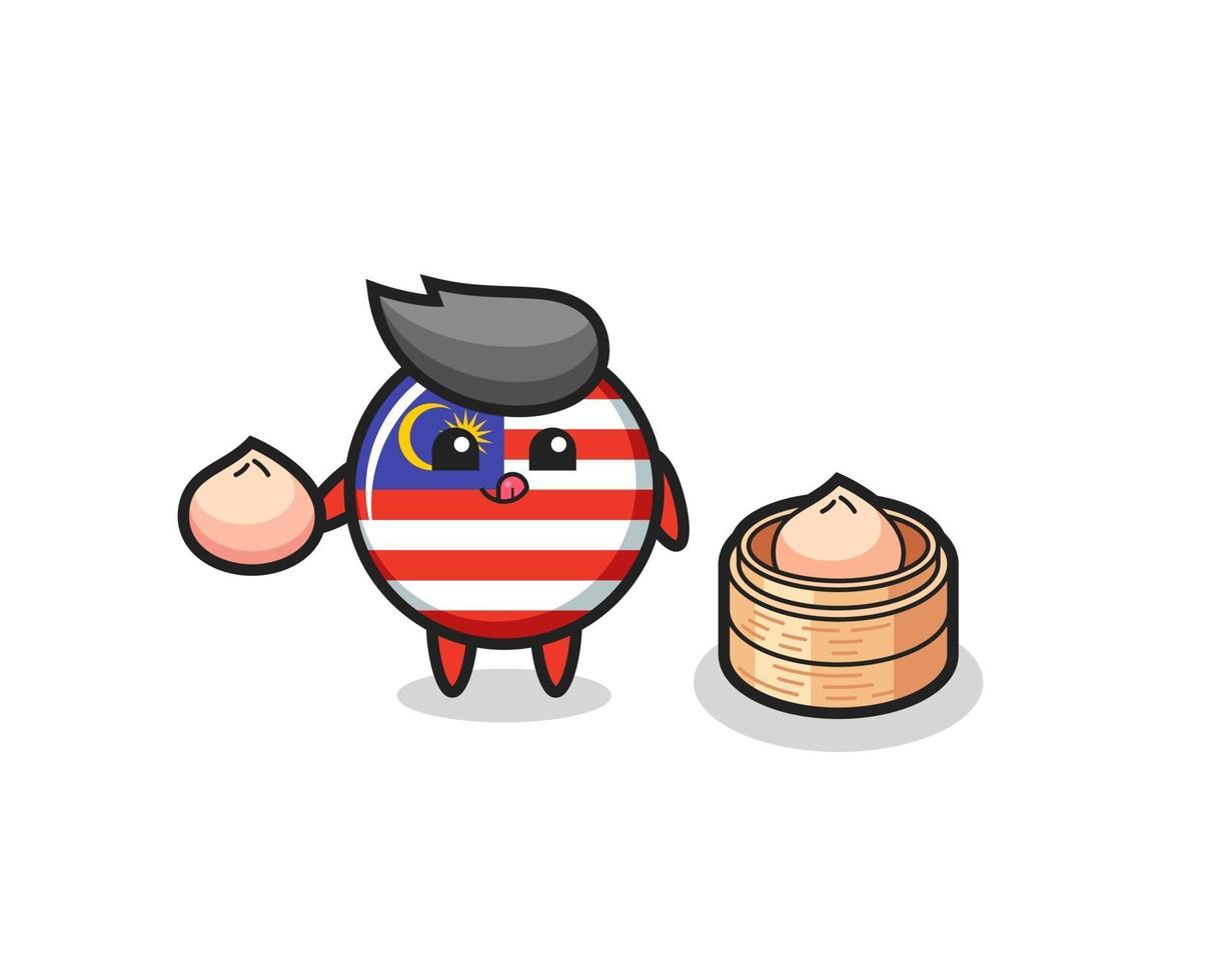 lindo personaje de la insignia de la bandera de malasia comiendo bollos al vapor vector