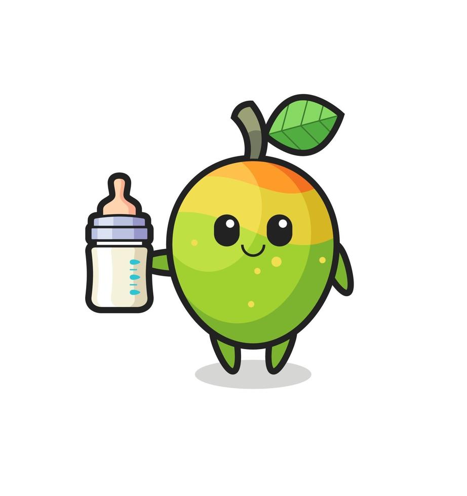 baby mango cartoon character with milk bottle vector