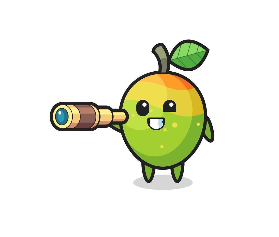 cute mango character is holding an old telescope vector