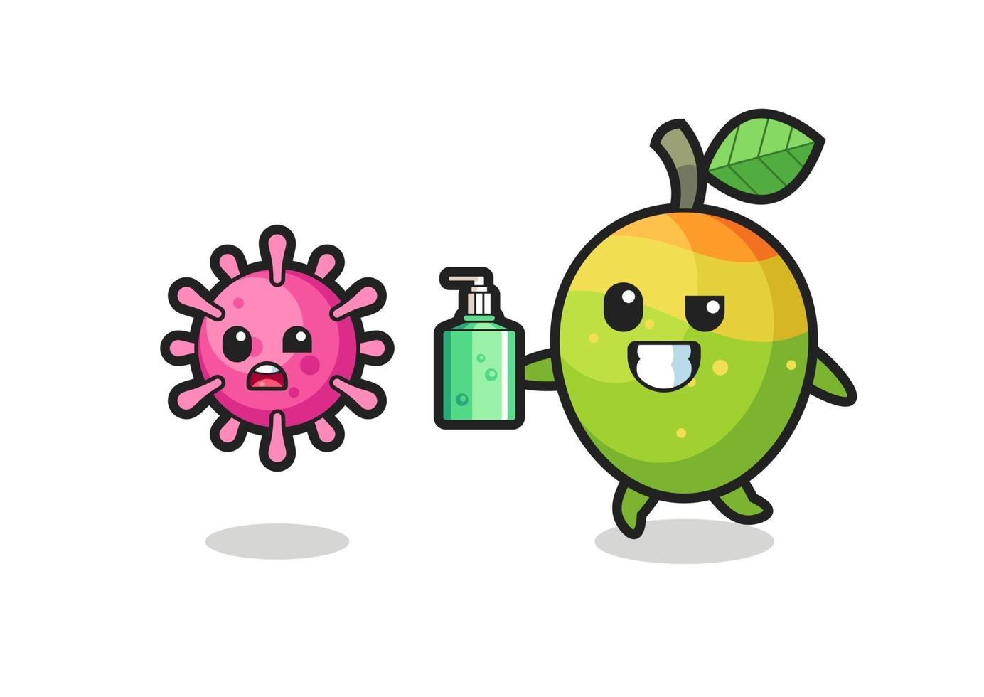 illustration of mango character chasing evil virus with hand sanitizer vector