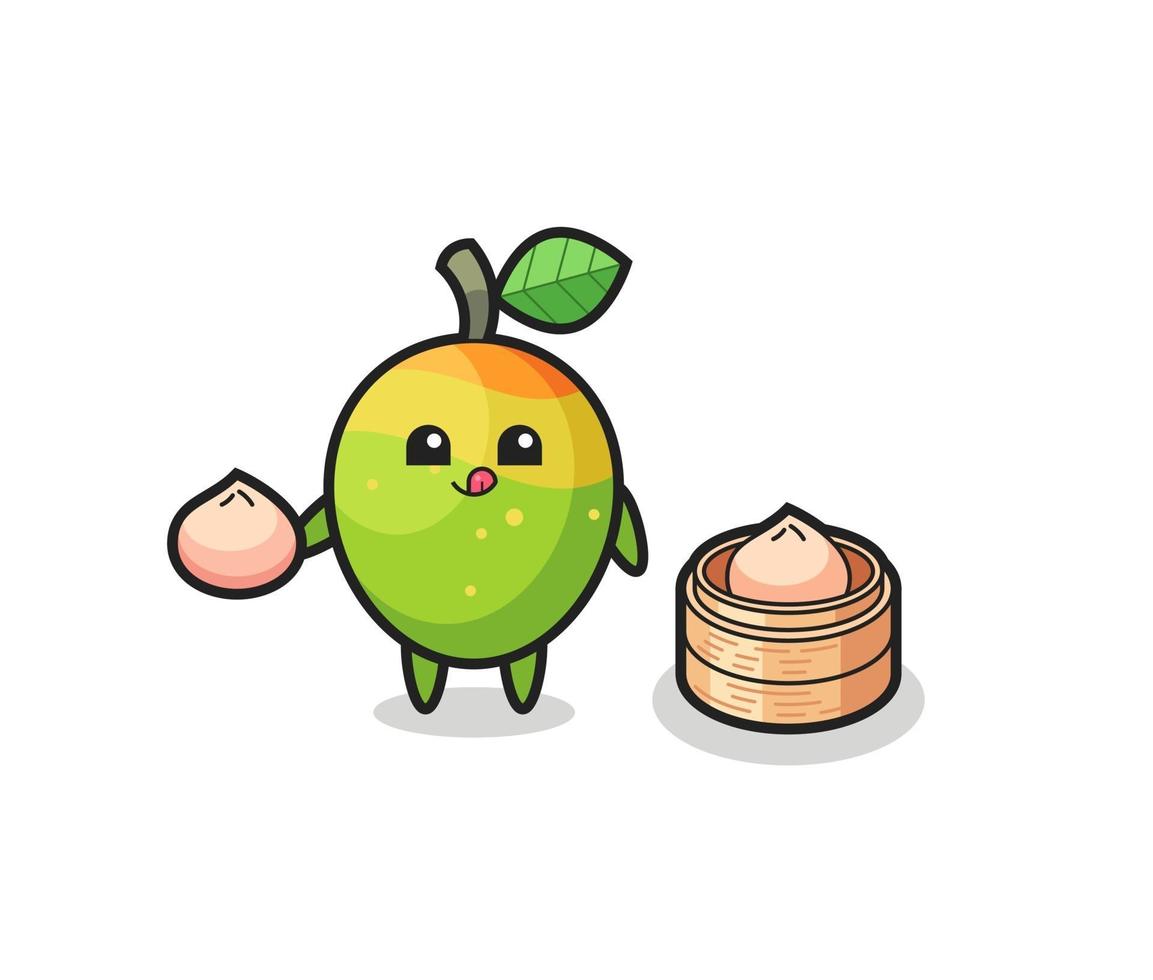 cute mango character eating steamed buns vector