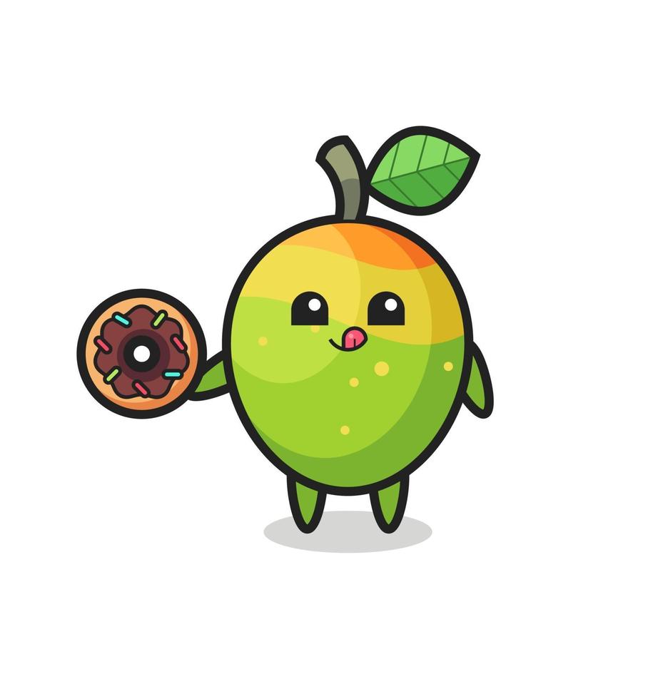 illustration of an mango character eating a doughnut vector