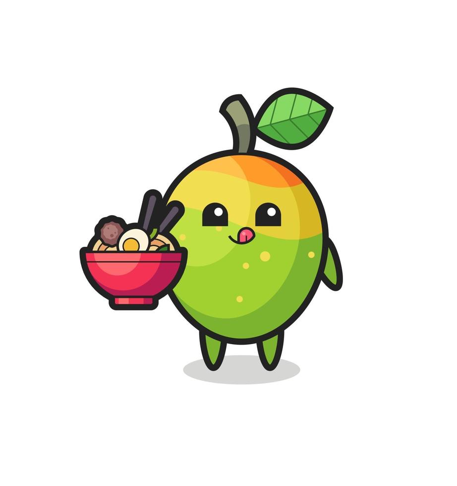 cute mango character eating noodles vector