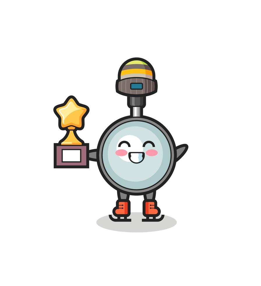 magnifying glass cartoon as an ice skating player hold winner trophy vector