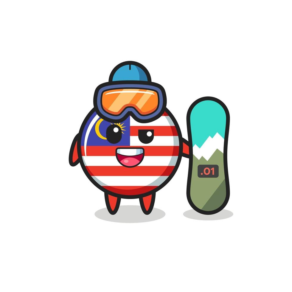 Ilustración del personaje de la insignia de la bandera de Malasia con estilo de snowboard vector
