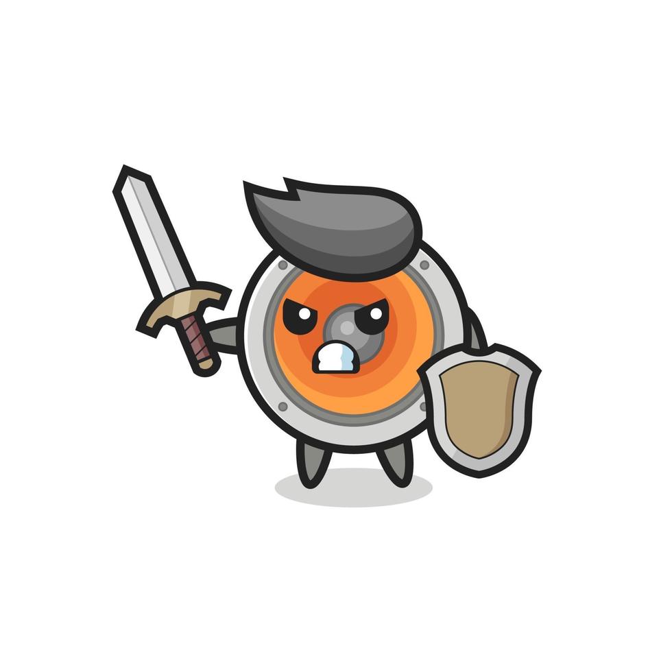 cute loudspeaker soldier fighting with sword and shield vector