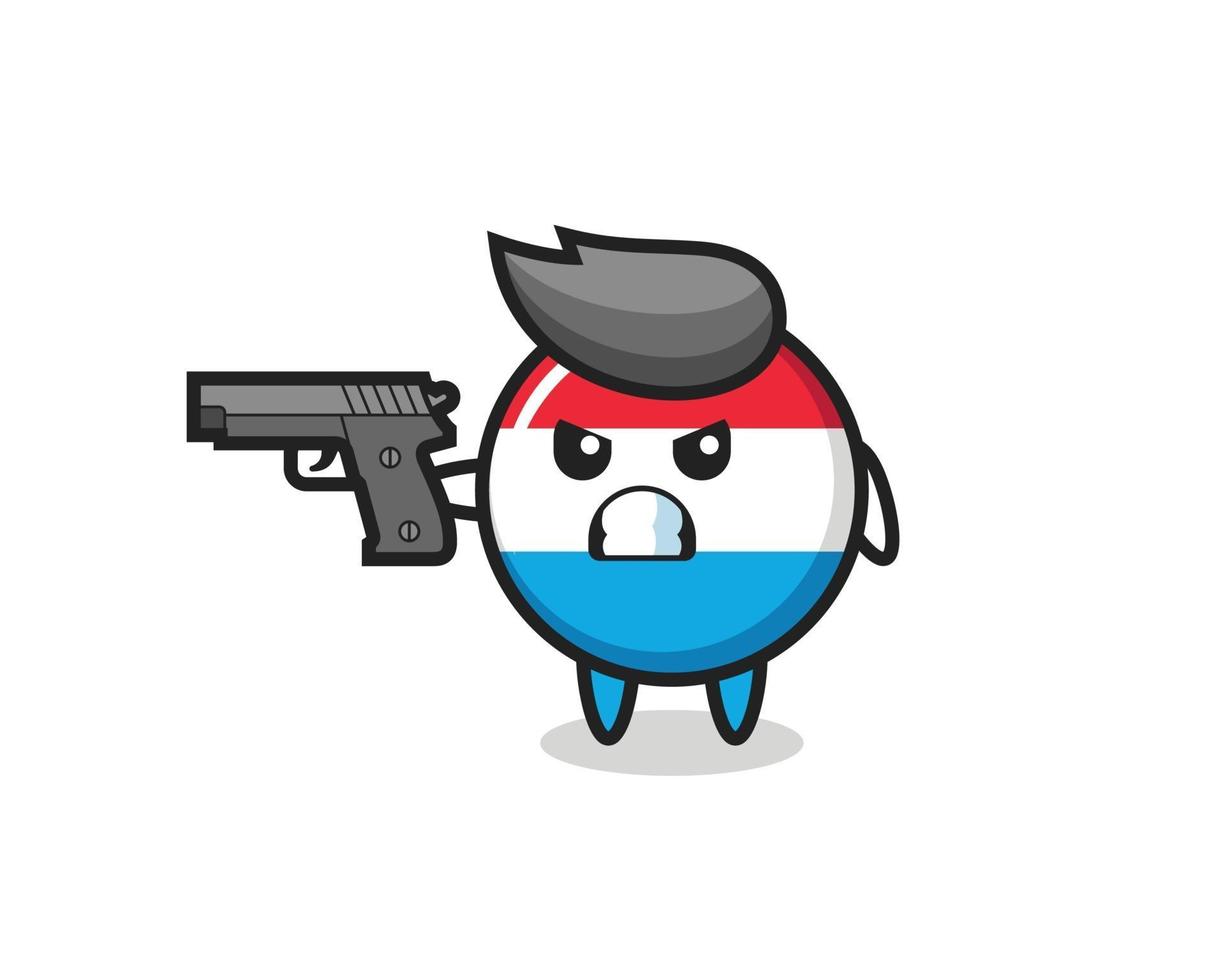 el lindo personaje de la insignia de la bandera de luxemburgo dispara con una pistola vector