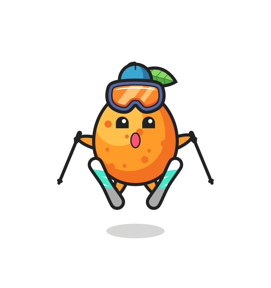 Personaje de mascota kumquat como jugador de esquí. vector