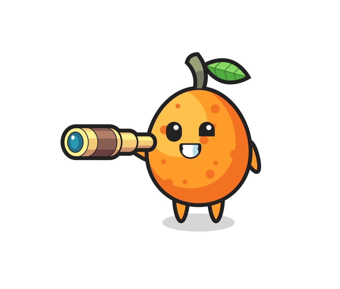 lindo personaje de kumquat sostiene un viejo telescopio vector