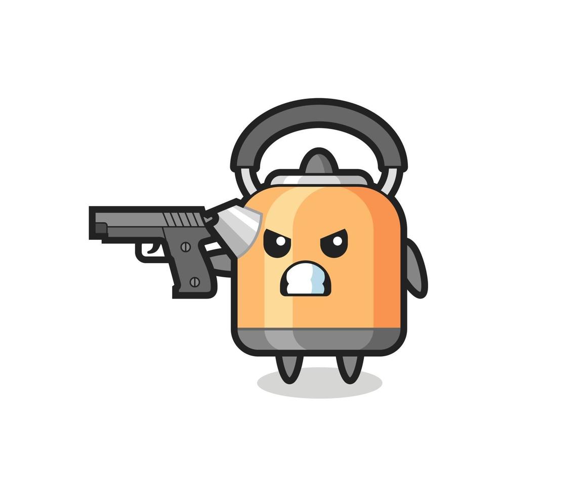 the cute kettle character shoot with a gun vector