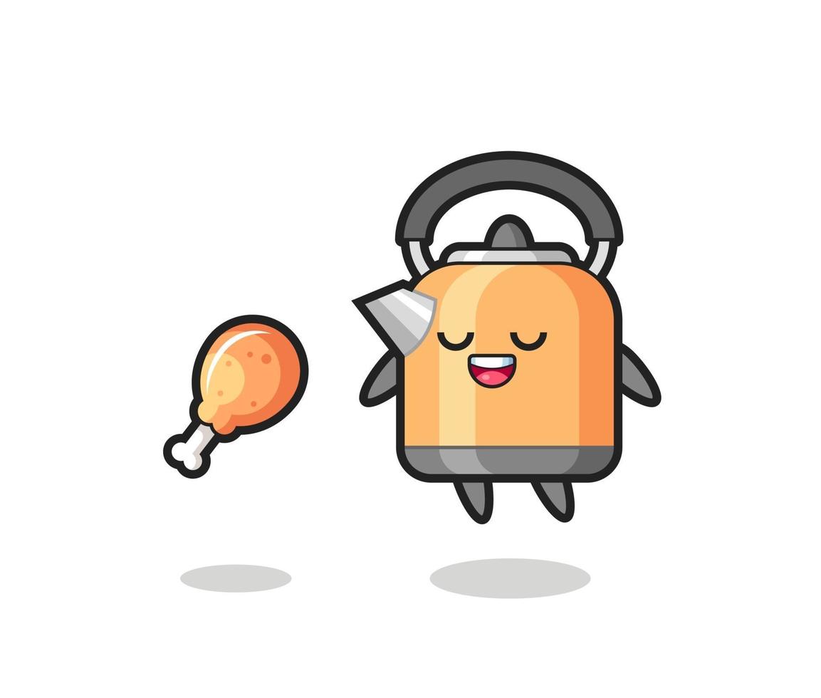 cute kettle floating and tempted because of fried chicken vector