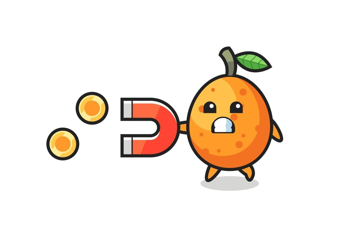 the character of kumquat hold a magnet to catch the gold coins vector
