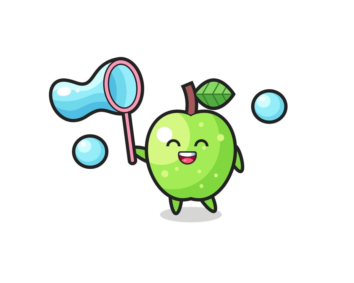 dibujos animados de manzana verde feliz jugando pompas de jabón vector