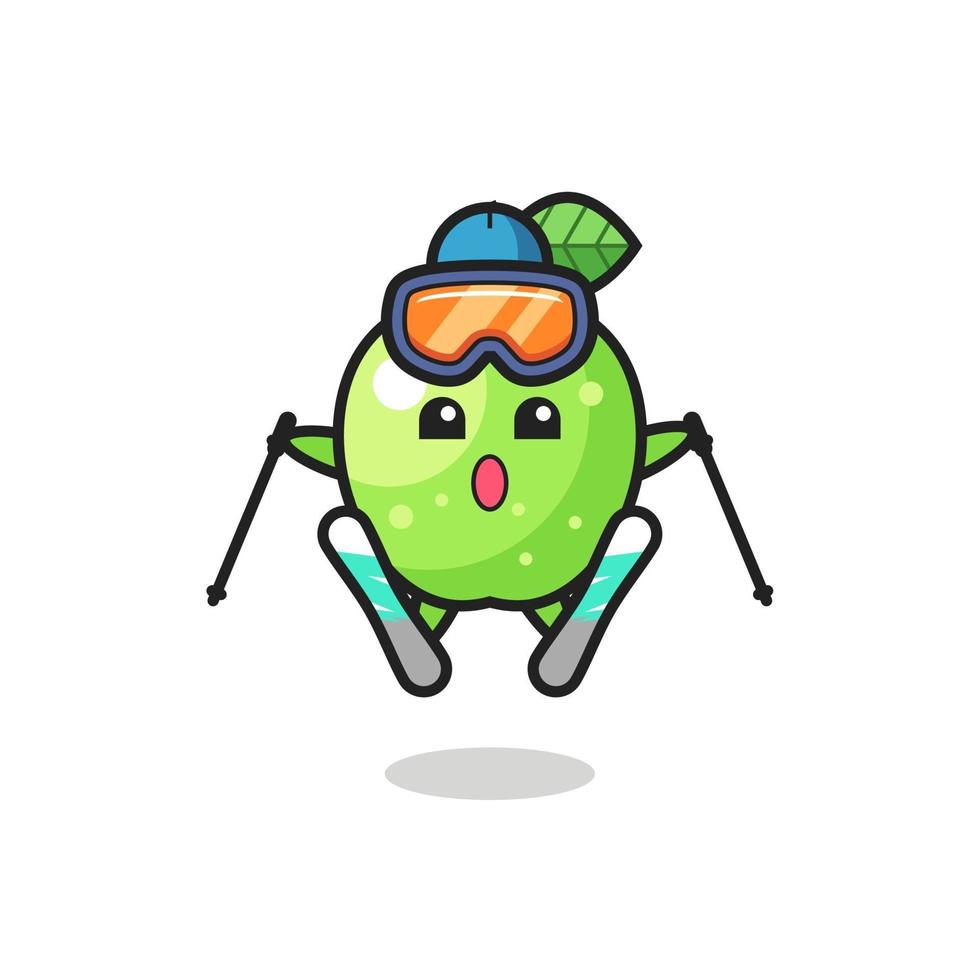 Personaje de mascota de manzana verde como jugador de esquí. vector