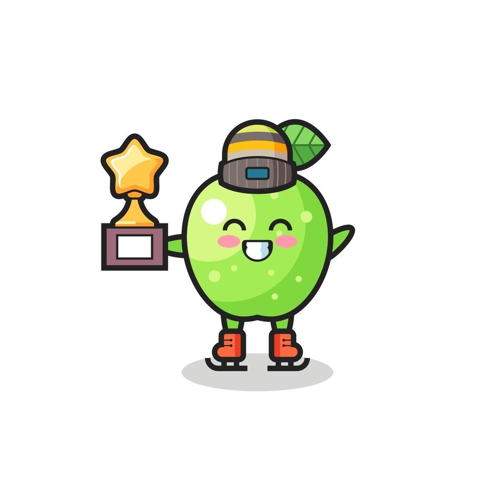 green apple cartoon as an ice skating player hold winner trophy vector