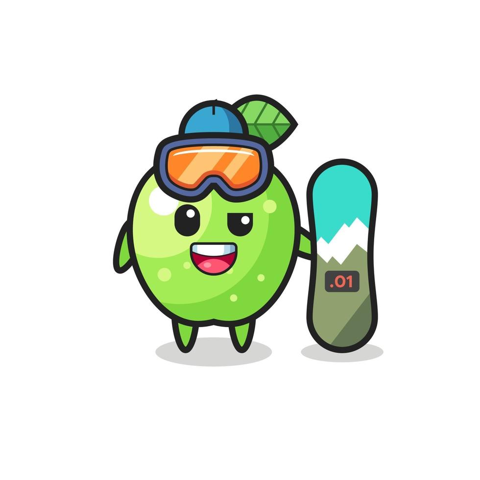 Ilustración de personaje de manzana verde con estilo de snowboard vector