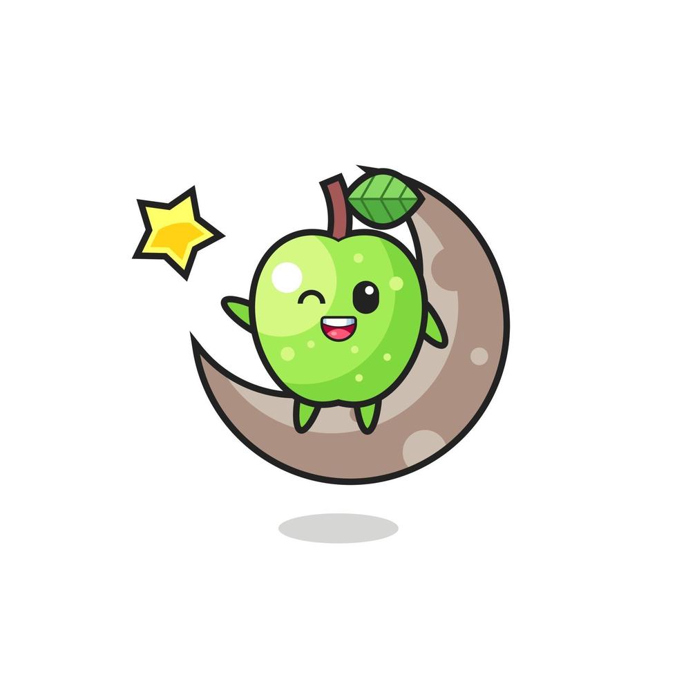 illustration of green apple cartoon sitting on the half moon vector