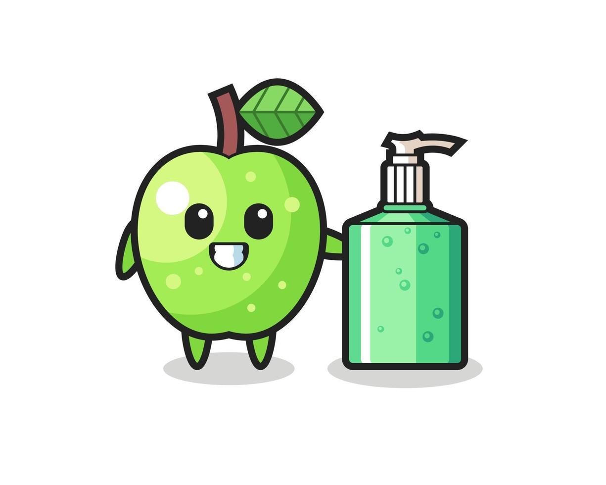 cute green apple cartoon with hand sanitizer vector