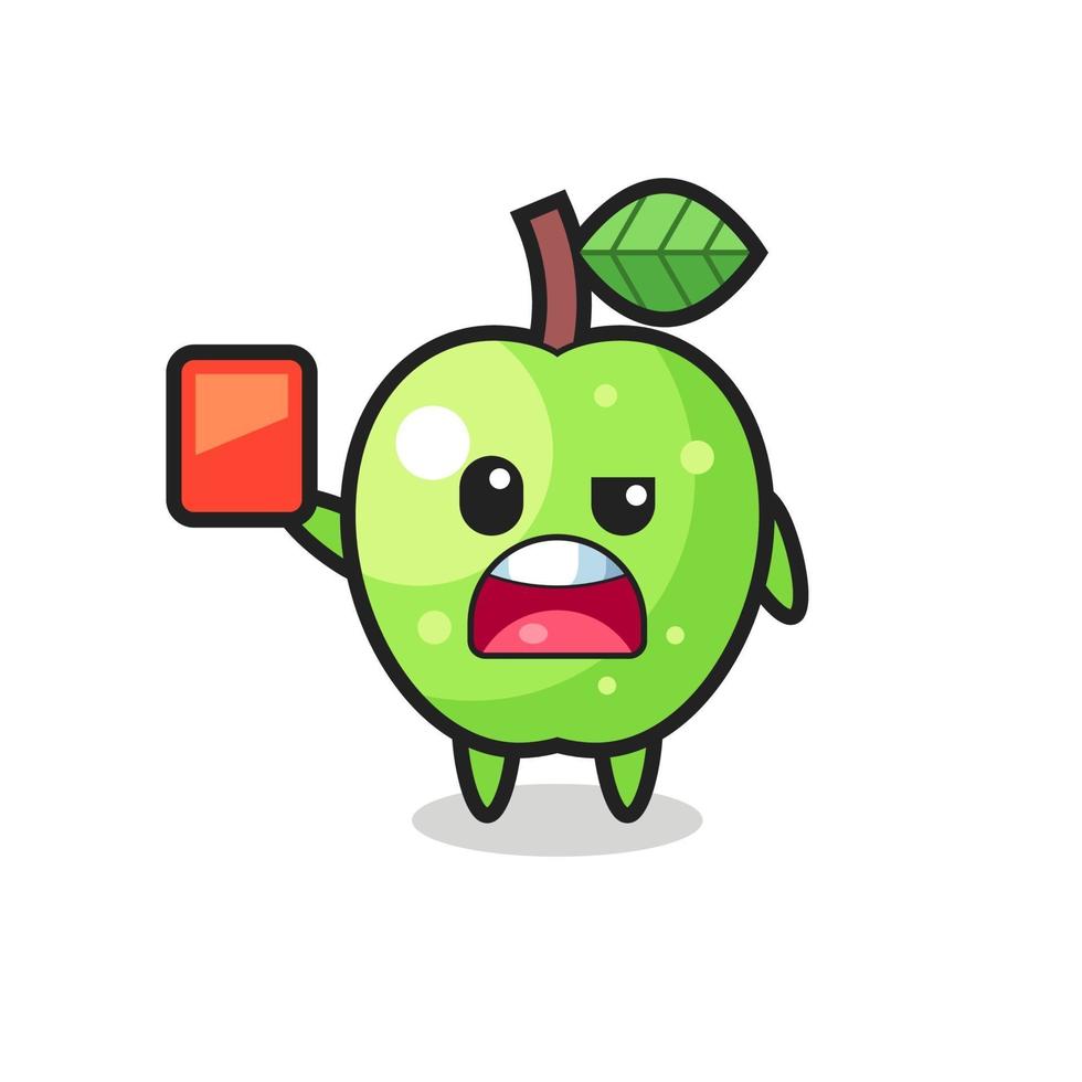 mascota linda manzana verde como árbitro dando una tarjeta roja vector