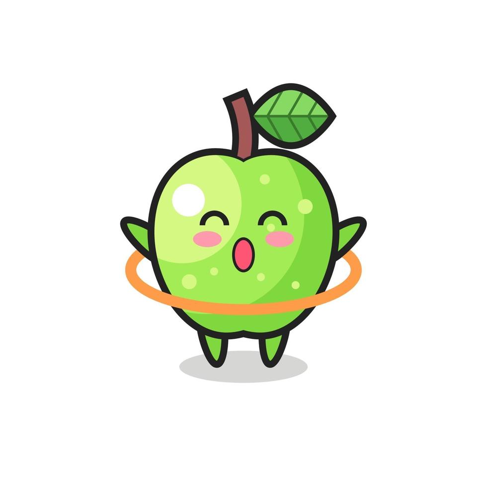 cute green apple cartoon is playing hula hoop vector