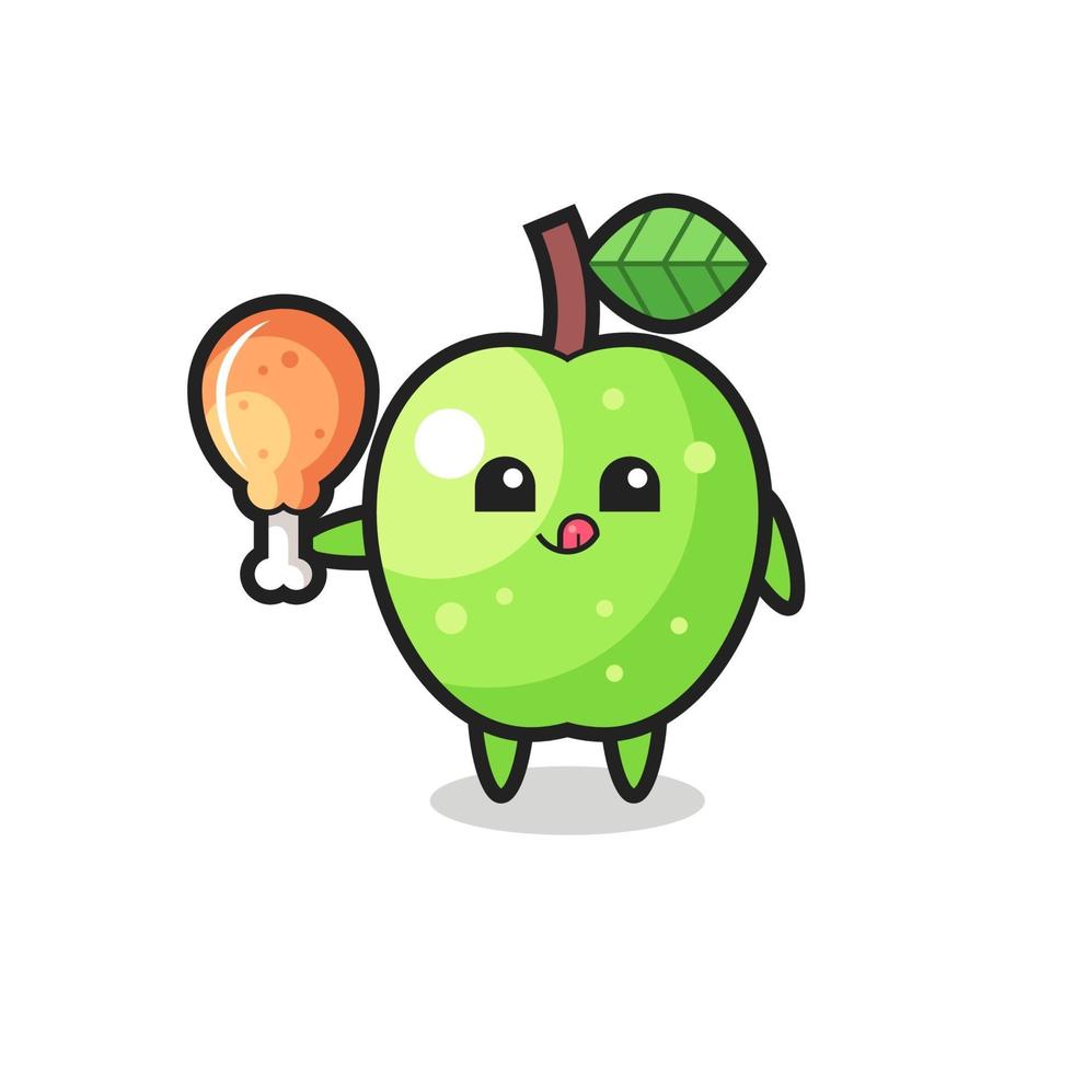 green apple cute mascot is eating a fried chicken vector