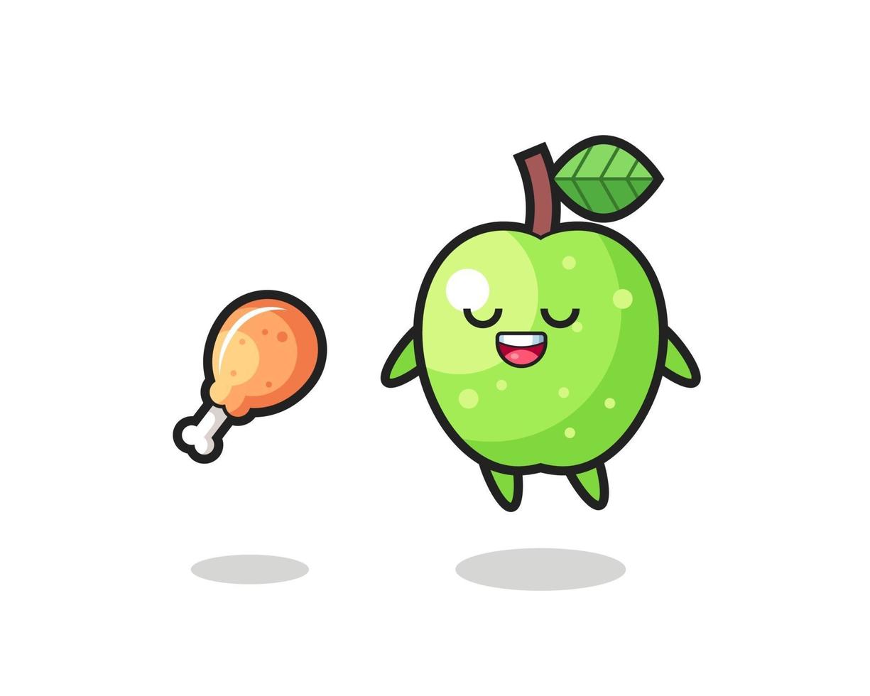 cute green apple floating and tempted because of fried chicken vector