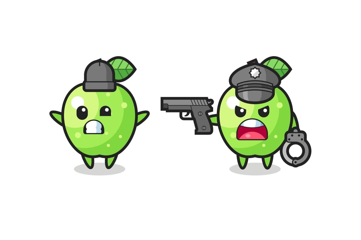 illustration of green apple robber with hands up pose caught by police vector