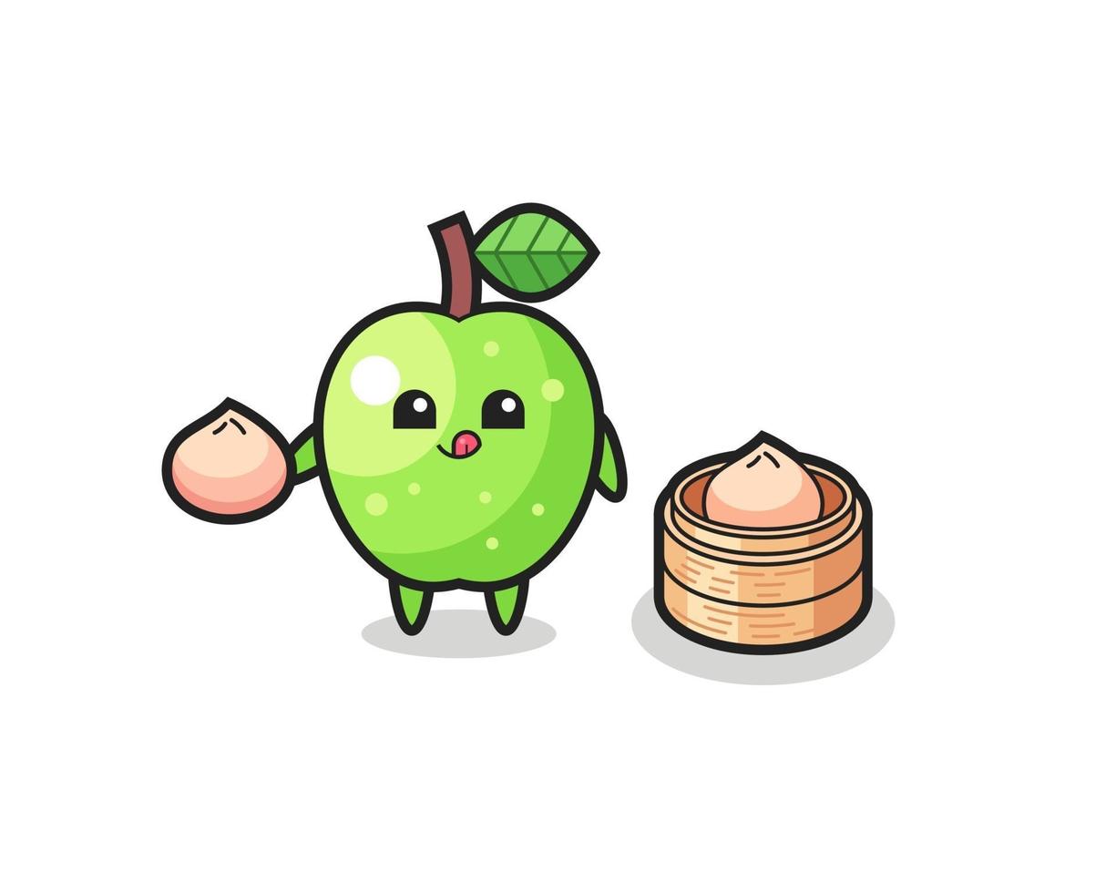 cute green apple character eating steamed buns vector